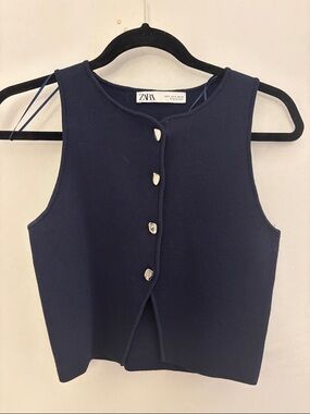 ZARA Navy Sleeveless Button-Front Crop Top
